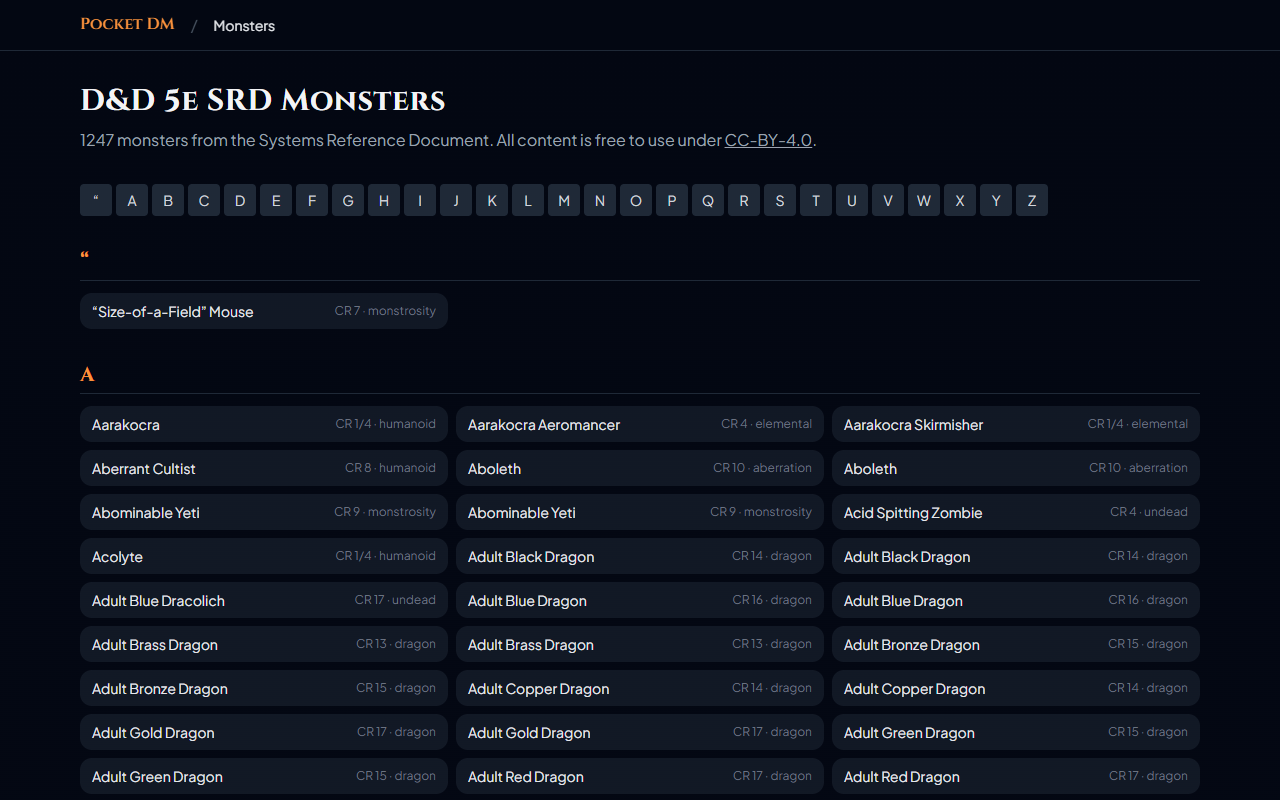 Bestiário SRD do Pocket DM — monstros organizados por letra com CR e tipo
