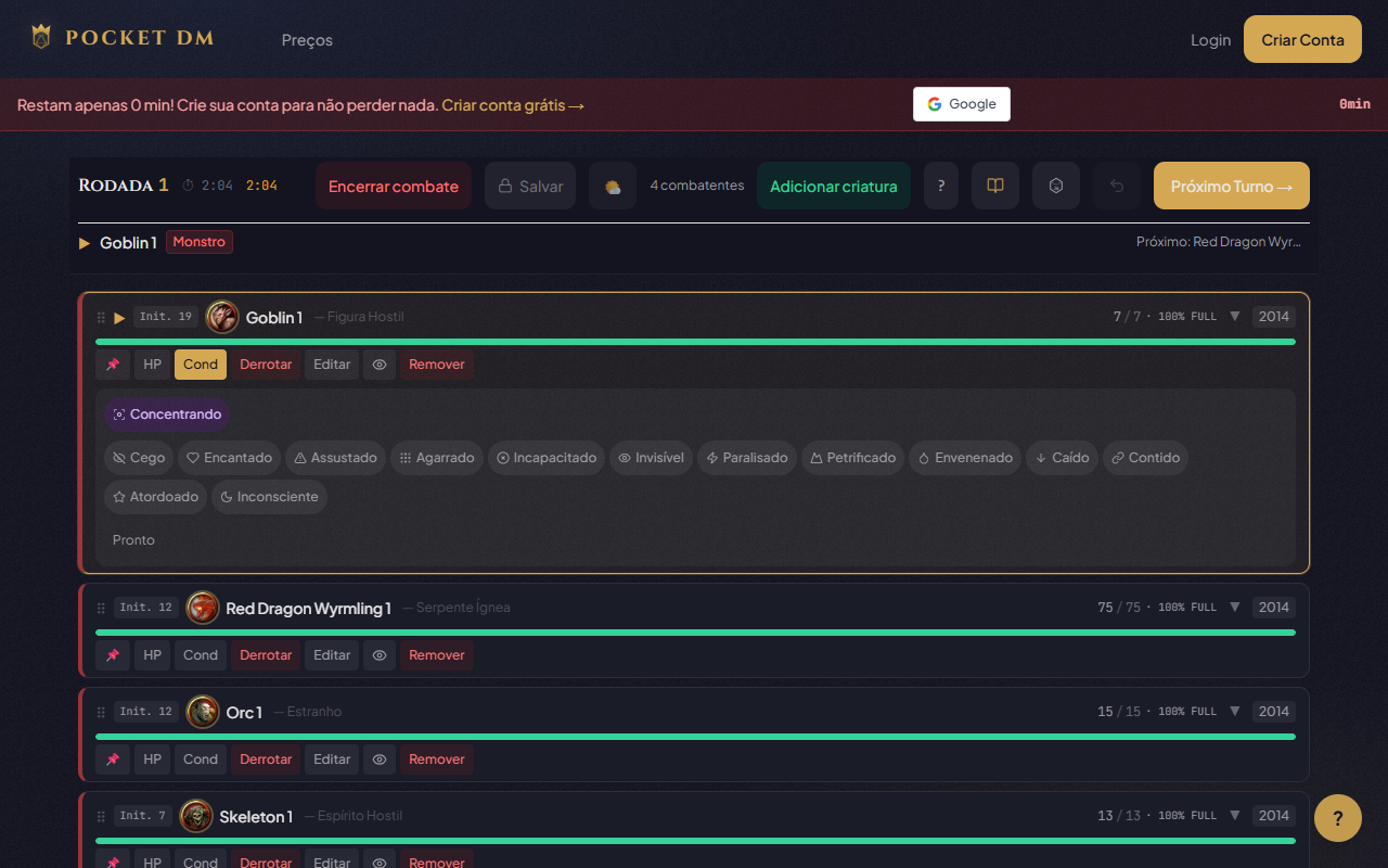 Painel de condições — Cego, Encantado, Assustado, Agarrado e todas as 15 condições D&D 5e