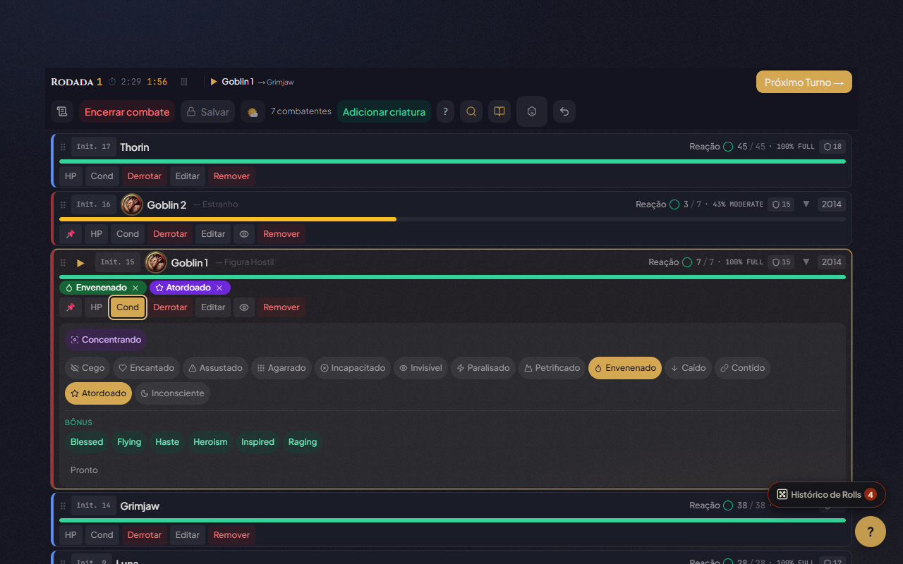 D&D 5e conditions in the initiative tracker — poisoned and stunned marked on Goblin tokens