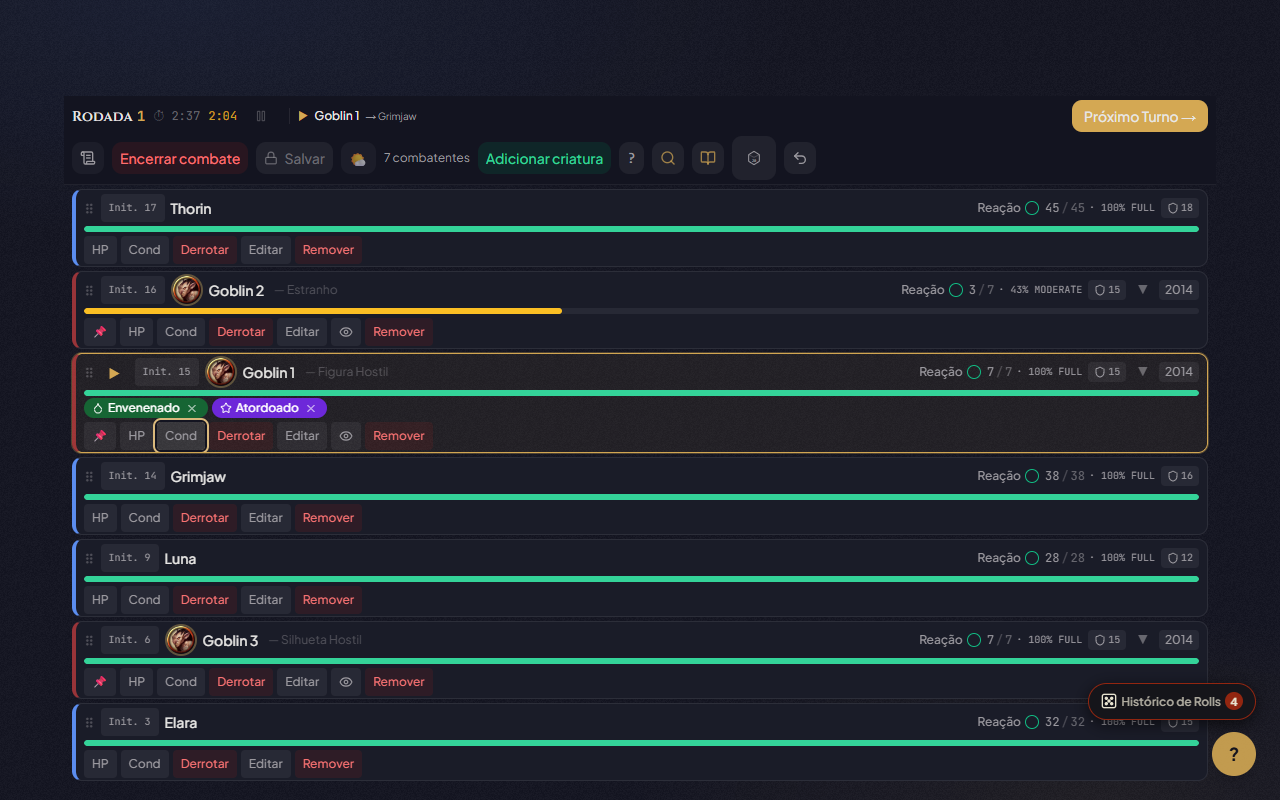 Pocket DM — active initiative tracker with HP, conditions, and turn order in real time